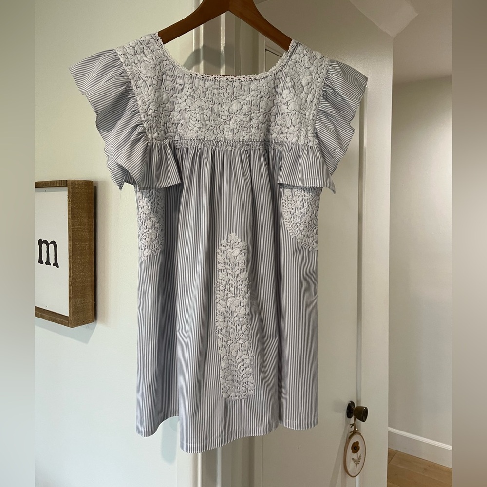 Mi Golondrina Soledad Blue/gray and White Hand Embroidered Blouse